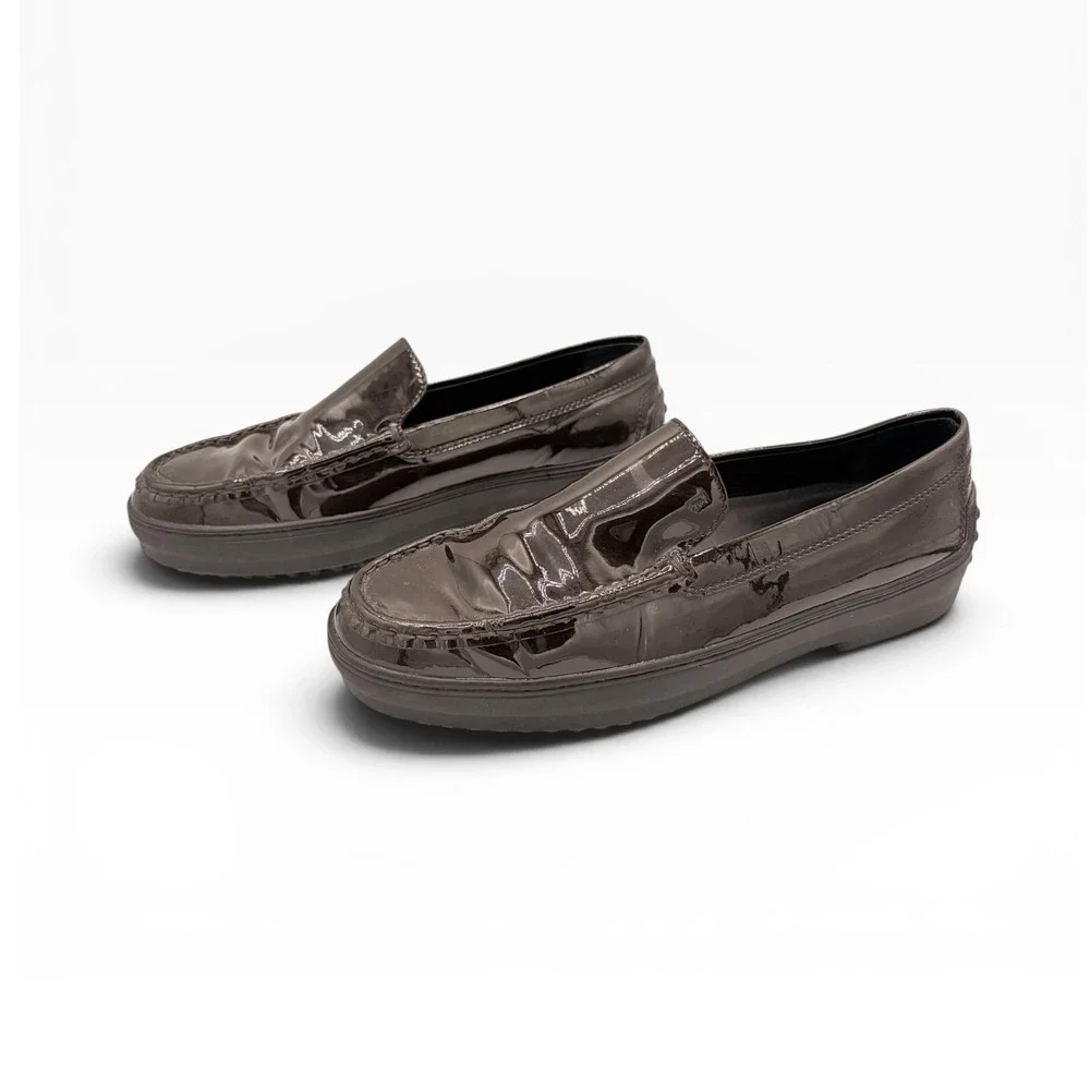 Tod's Loafers 37 Dark Academia Brown Patent Leather Gomma Vibram Platform Shoes